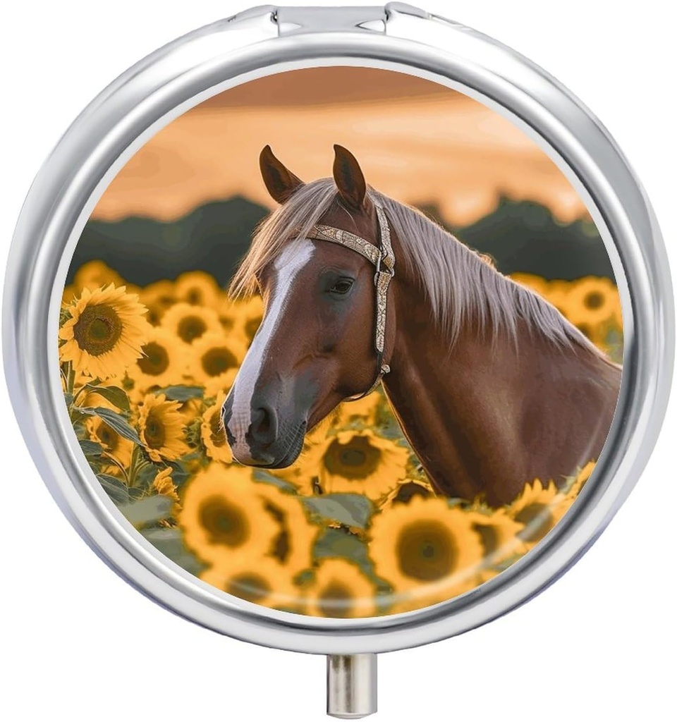Runde Metall Pille Box, Gelbe Sonnenblume Pferd gedruckt Reise Pille Organizer Portable Pille Container kleine Pille Box für Geldbörse und Tasche zum Speichern von Vitaminen, Arzneimitteln und Ergänzungen