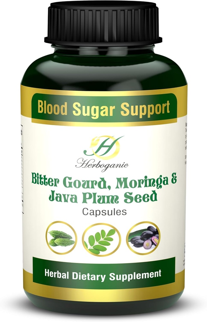 HERBOGANIC Bitter Gourd Moringa e Java Plum Seed Capsules | 500mg |All Natural Detoxification | 60 Capsule