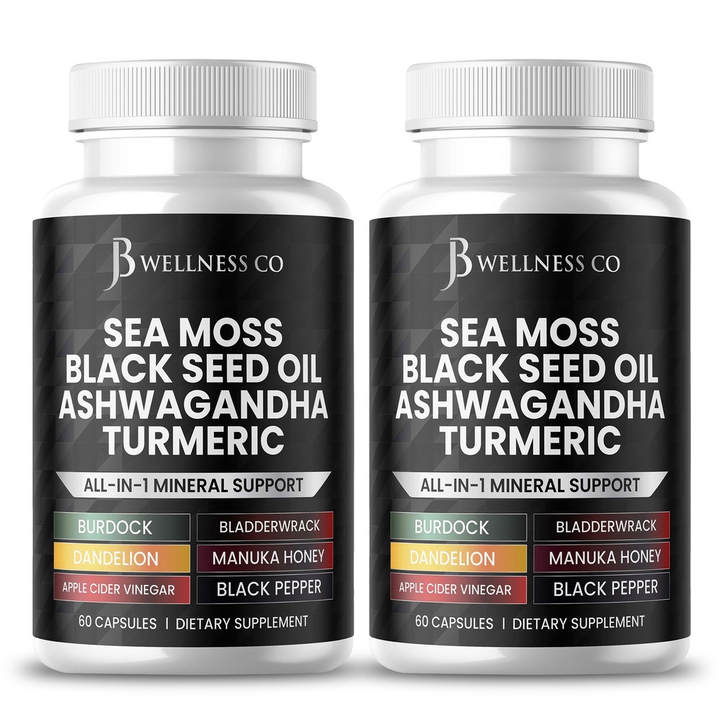 Sea Moss Black Seed Oil Ashwagandha Turmeric Bladderwrack Burdock - avec Manuka, miel Dandelion, vinaigre de cidre noir sans gluten- 120 Compte