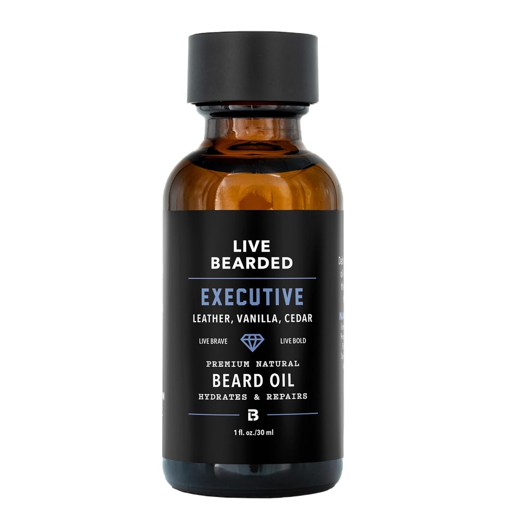 Live Bearded Beard Oil, 1 fl oz - Premium All-Natural Jojoba - Made in the USA - Haar- und Hautpflege für Männer mit trockenen, Flaky Patches | Executive Scent - Cedar, Vanilla