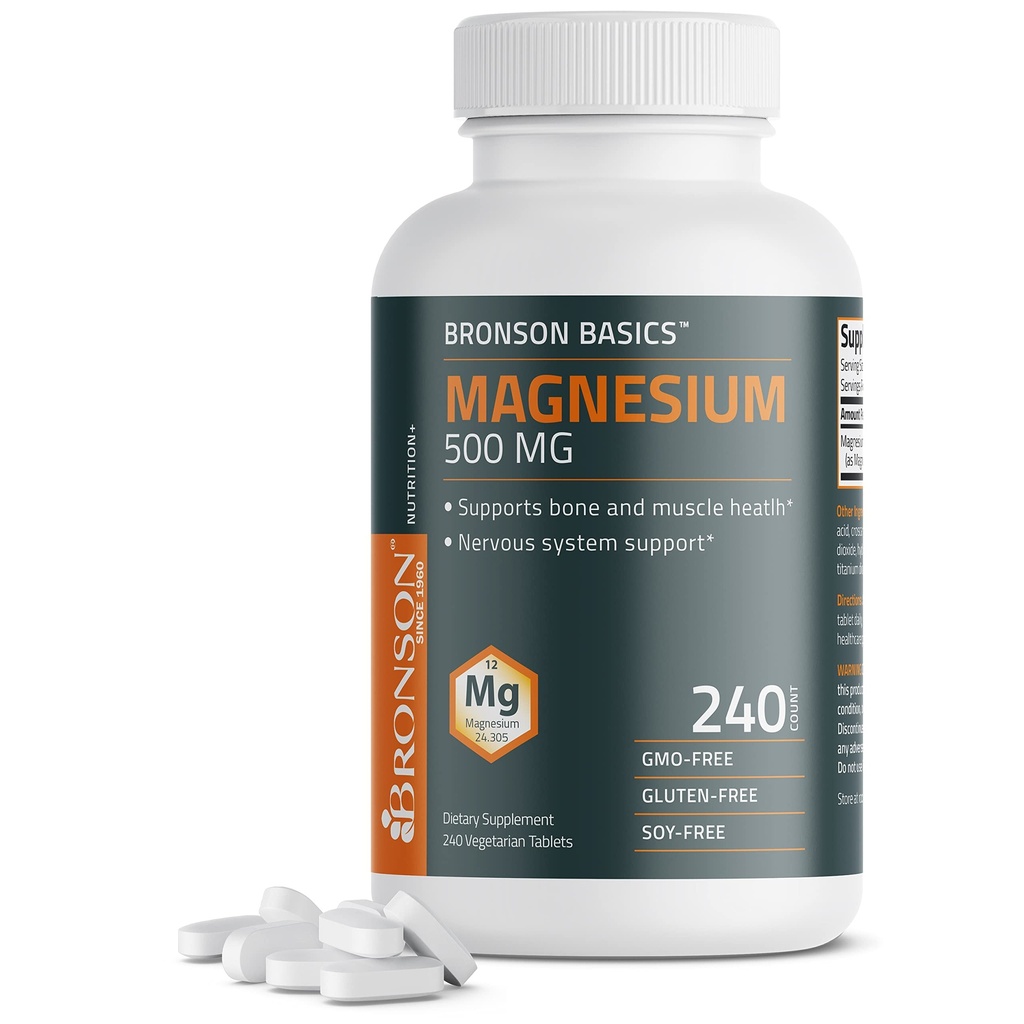 Bronson Magnesium 500 MG supporta Bone & Muscle Health & Nervous System Support - Non-GMO, 240 compresse vegetariane