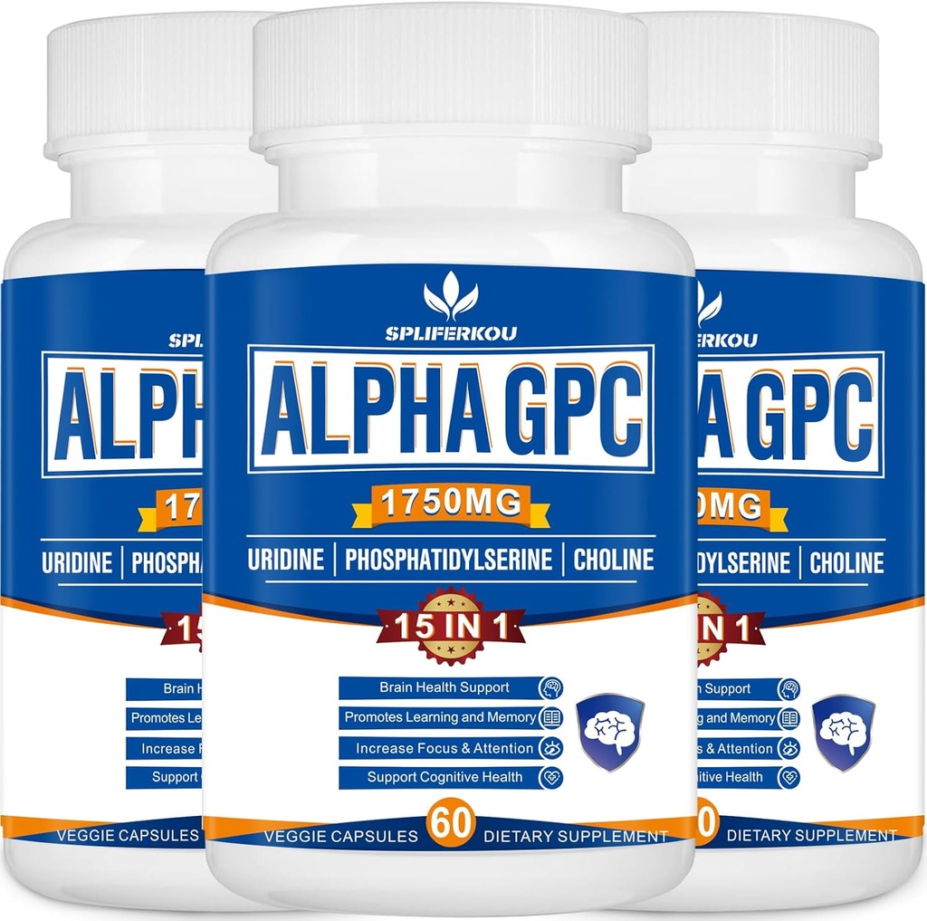 15-in-1 Alpha GPC Supplemento con Phosphatidylserine, Uridine, L-teanina, Lion's Mane Mushroom, 180 capsule