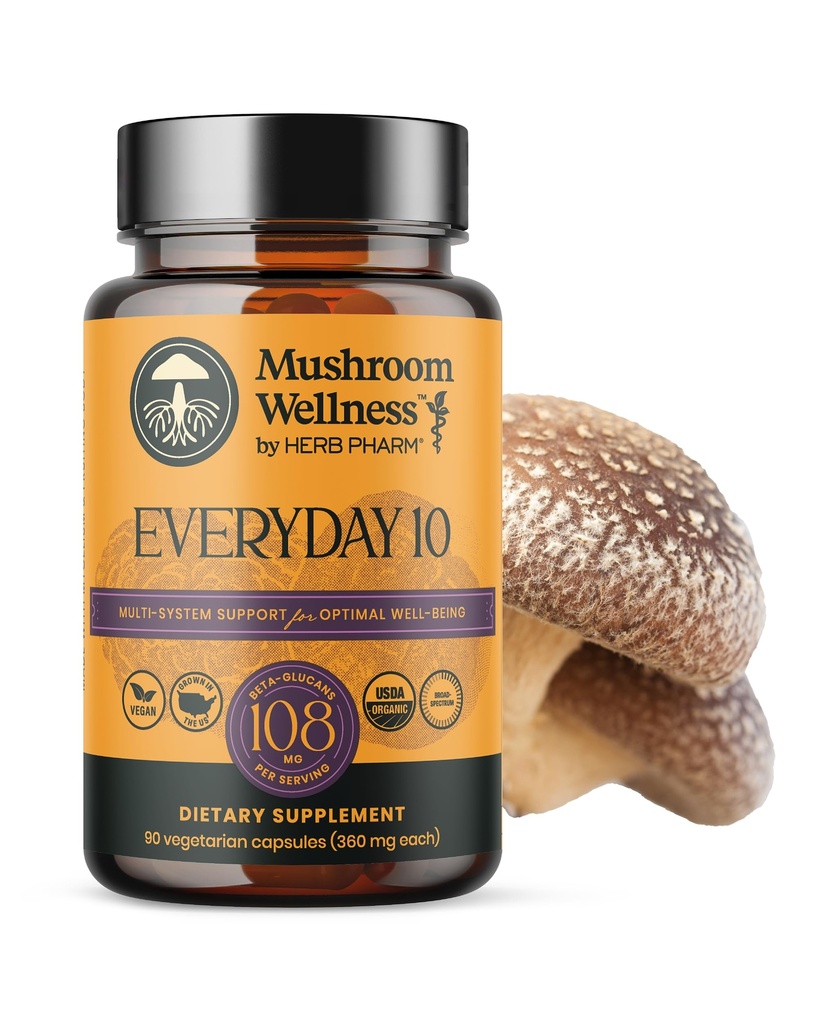 Mushroom Wellness Ogni giorno 10: Organic 10-in-1 Fungo capsule con Lion's Mane, Shiitake, Reishi, Turchia Tail & More, Mushroom Powder Supplement, Immune & Nervous System Support, 90 Vegan Capsule