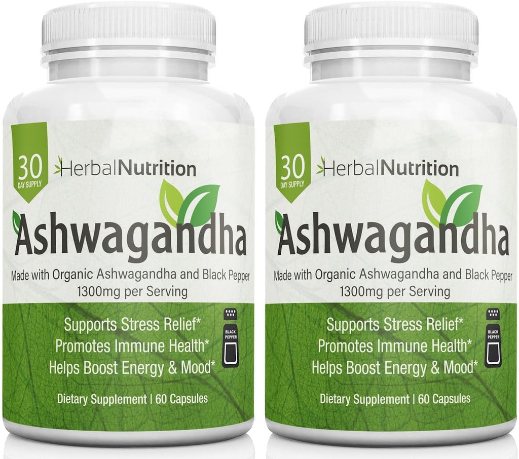 Herbal Nutrition Organic Ashwagandha 1300mg Max Strength, Two Bottle Pack, 120 Capsules Plus Black Pepper for Bioavailability