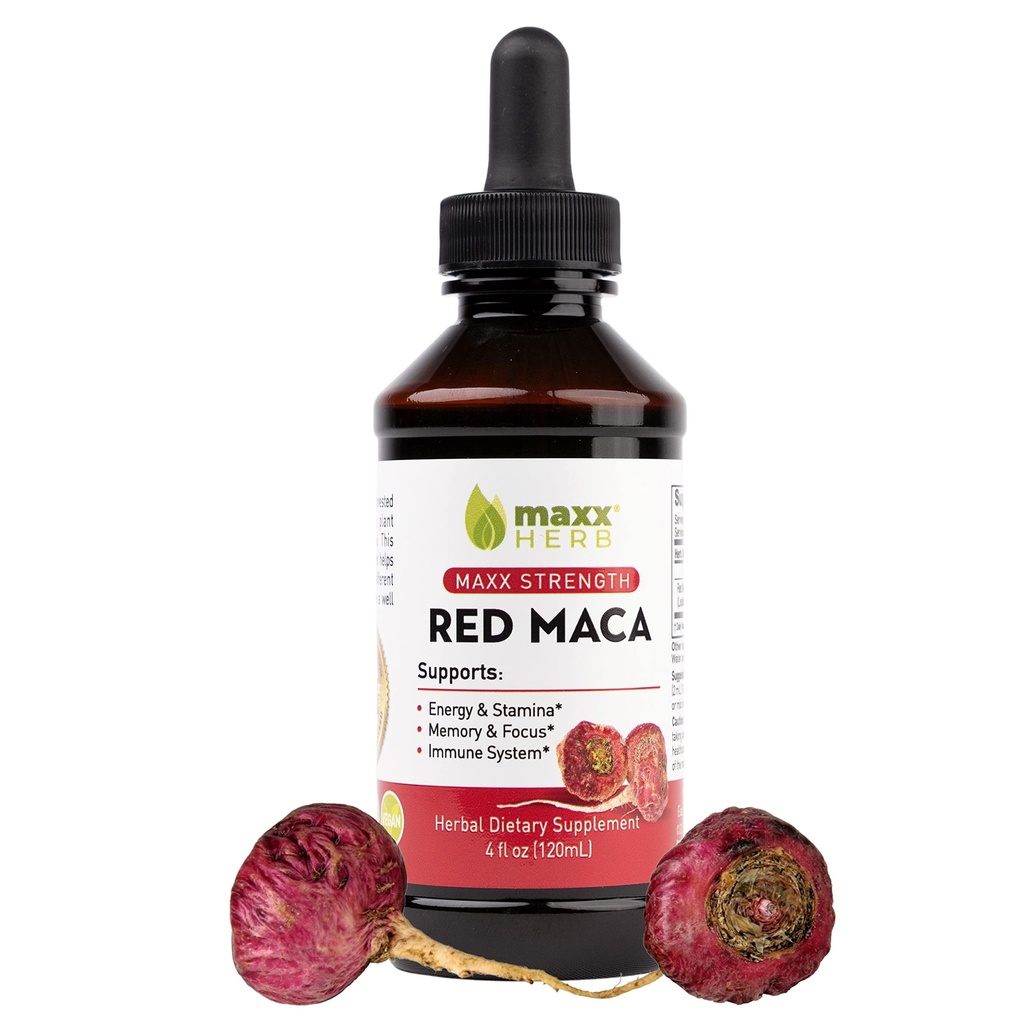 Maxx Herb Red Maca Root Extract - Gocce liquide Max Strength Assorbire meglio di polvere o capsule, per Stamina, Memoria e Focus - Bottiglia da 4 Oz (60 Servings)