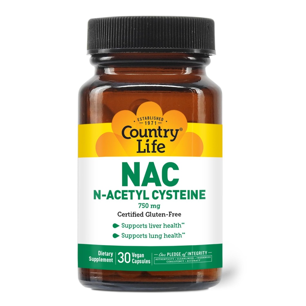 Country Life N-acétyl Cysteine (NAC) 750 mg – Soutien du foie Premium et supplément pour la santé pulmonaire – Puissante protection antioxydante, désintoxication du foie et nettoyage, soutien immunitaire, 30 capsules végétariennes