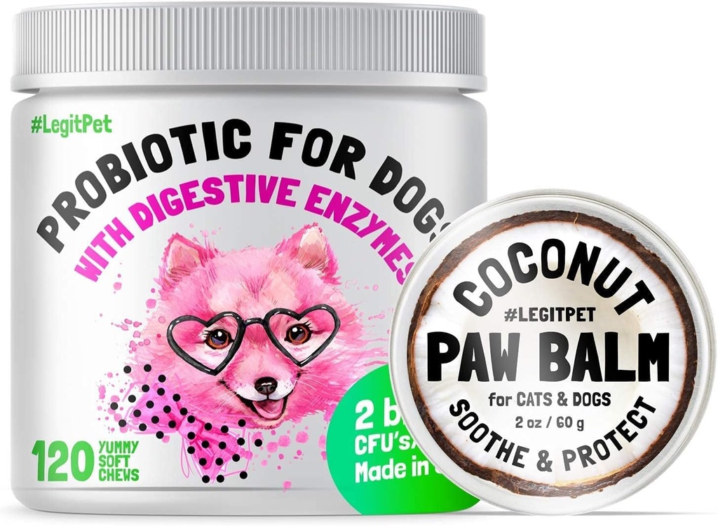 Probiotici LEGITPET per cani con enzimi digestivi naturali + Prebiotici per Allergy & Itch Relief 120 Soft Chews and Paw Balm Wax Soother & Moisturizer Cream con olio di cocco naturale 2oz Bundle