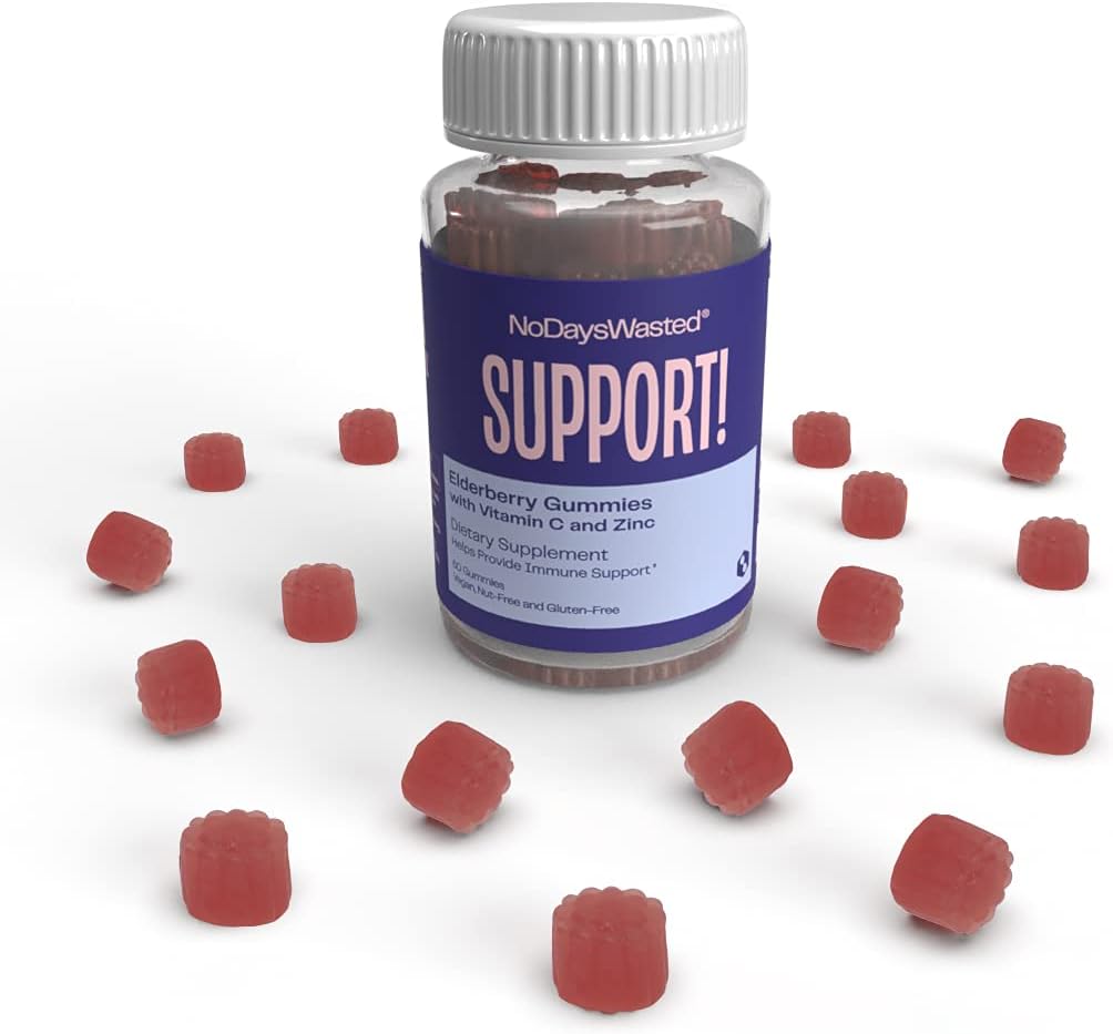Gommies de soutien immunitaire - Pas de jours perdus - Compte 60 - Aide pour soutenir un système immunitaire fort - Gummy de la mûre aînée, de la vitamine C et du zinc - Supplément alimentaire à base de plantes - végétalien, sans gluten, sans noix