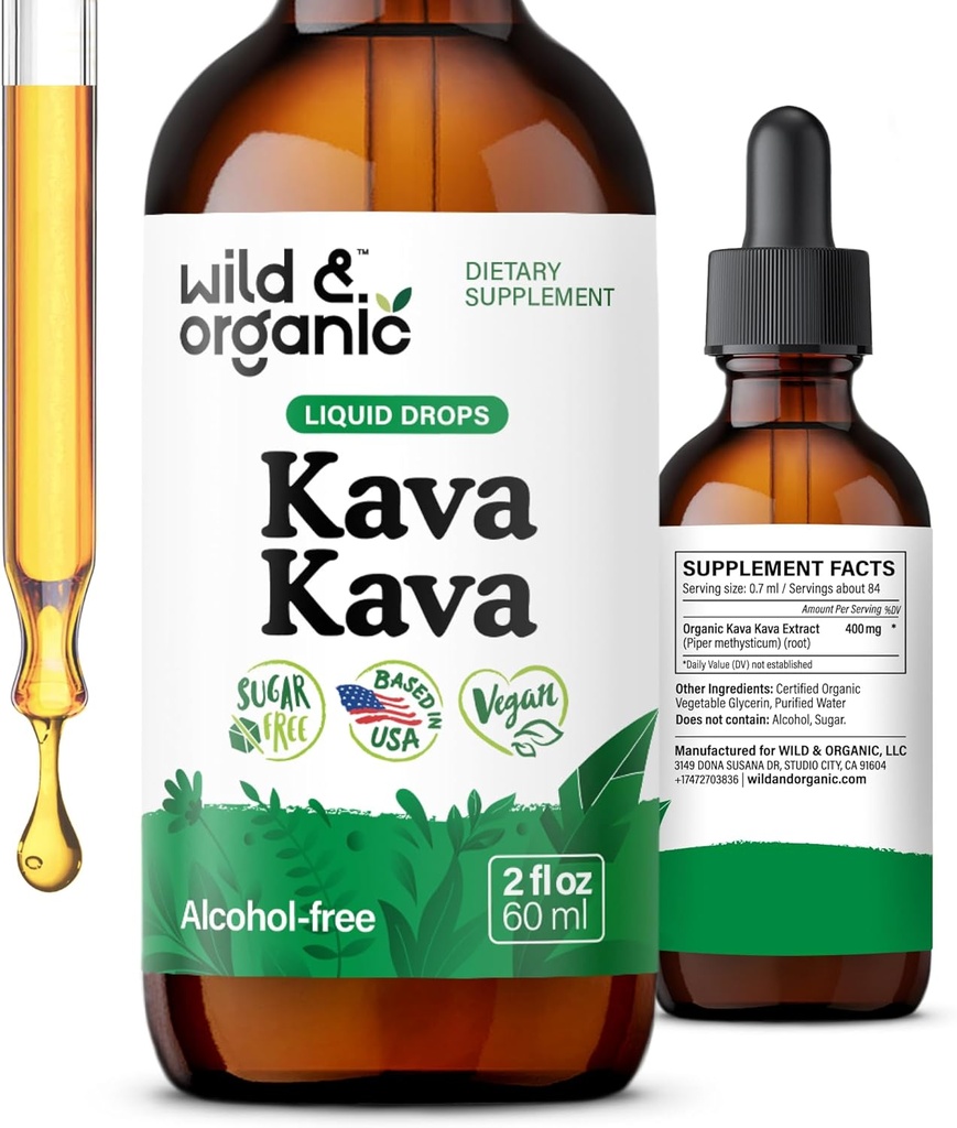 Wild & Organic Kava Tincture 400 mg - Mood Support Supplement - Berechnung Root Extract Liquid Drops - 2-Monats-Versorgung - Vegan, Zucker & Alkoholfreie Tropfen - 2 fl oz