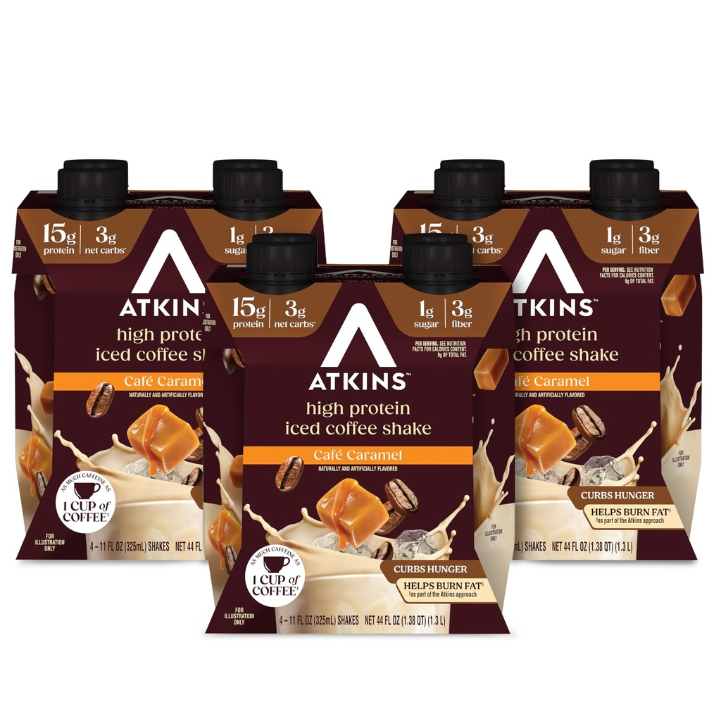 Atkins Café Caramel Caffè aromatizzato Protein Shake, High Protein Shake, Low Glycemic, Carb basso e basso zucchero, Keto Friendly, Gluten Free, 12 Conte