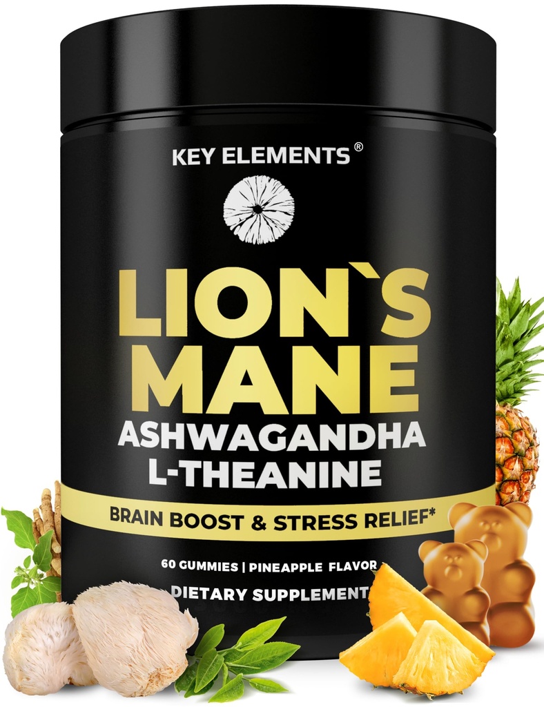 Gummie di funghi organici del leone di alta resistenza con Ashwagandha & L-theanine - Potent Lion's Mane Brain Supplements for Memory & Relaxation - Mushroom Gummies for Focus