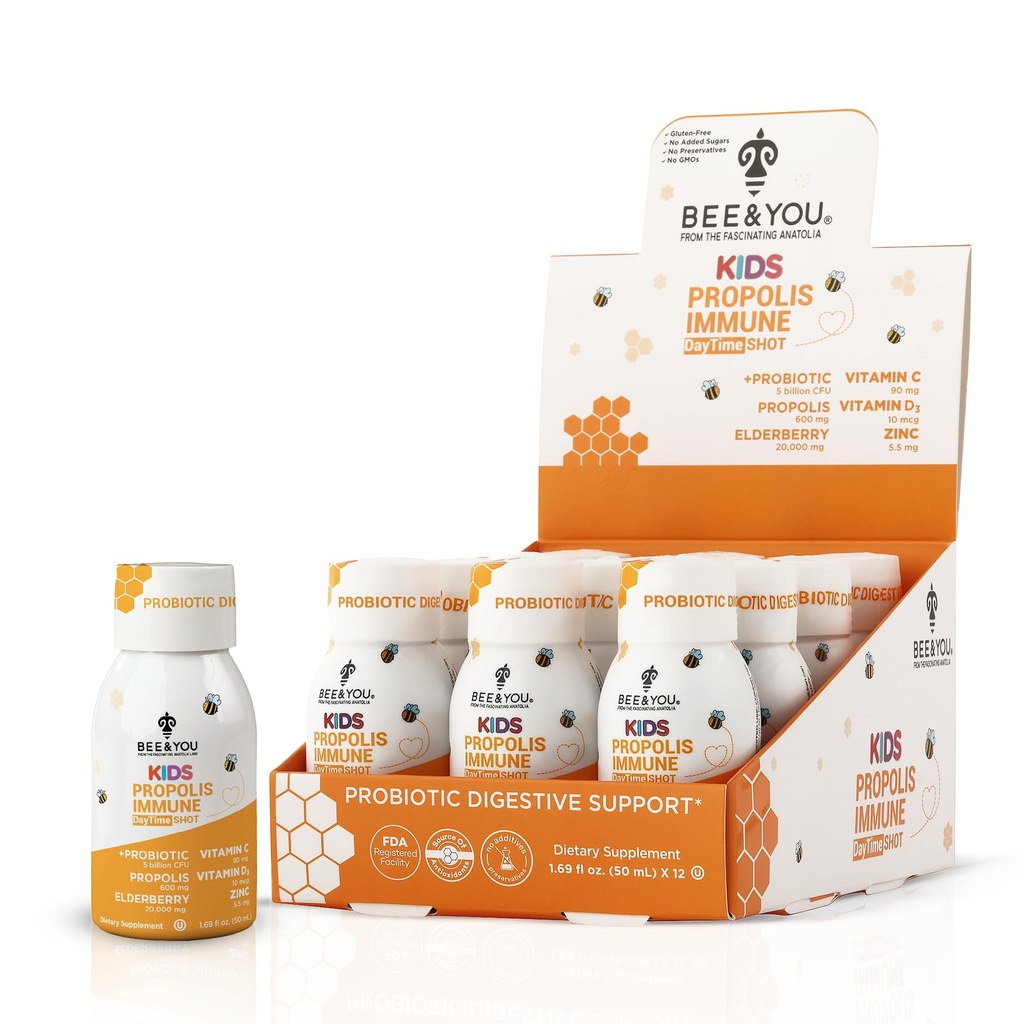 Abeille et vous enfants Propolis Immune Day Time Shot - Probiotique, Vitamine C, Vitamine D3, Zinc, Immune Support, Gut Health, Digestive Health, 1,69 Fl. oz, 12 Pack