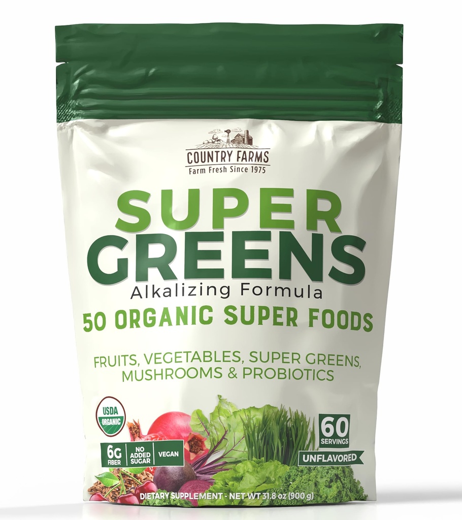 Fermes de campagne Super Greens Saveur naturelle, 50 Super aliments biologiques, USDA Mélange de boisson biologique, Fruits, Légumes, Super Greens, avec fibre, champignons et probiotiques, soutient l'énergie, 60 portions, 900g