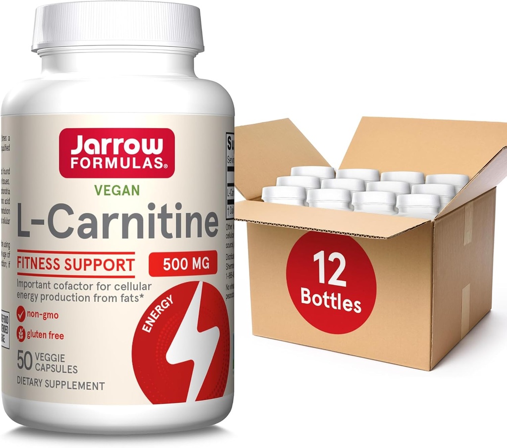 Jarrow Formulas L-Carnitine 500 mg, Integratore alimentare, Supporto per la produzione di energia cellulare, 50 capsule vegetali, 50 giorni di alimentazione giornaliera (pacchetto di 12)