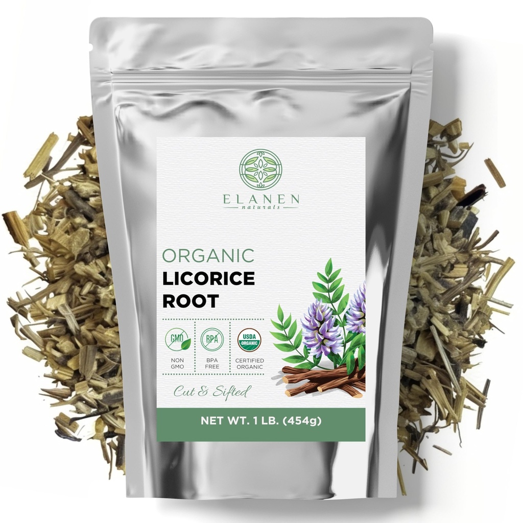 Elanen Naturals Racine de réglisse biologique de 1 lb (16 oz), thé de réglisse biologique certifié par l'USDA, en vrac de réglisse, réglisse, réglisse Raiz de Regaliz Licrice, Glycyrrhiza glabra, coupé et tamisé