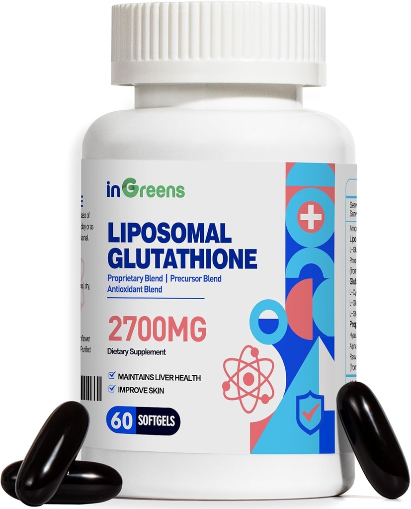 2700 MG Supplément de glutathion liposomique, absorption maximale, forme active L Glutathion réductase (GSH), avec acide hyaluronique, resvératrol, puissant antioxydant, vieillissement de la santé, 60 softgels