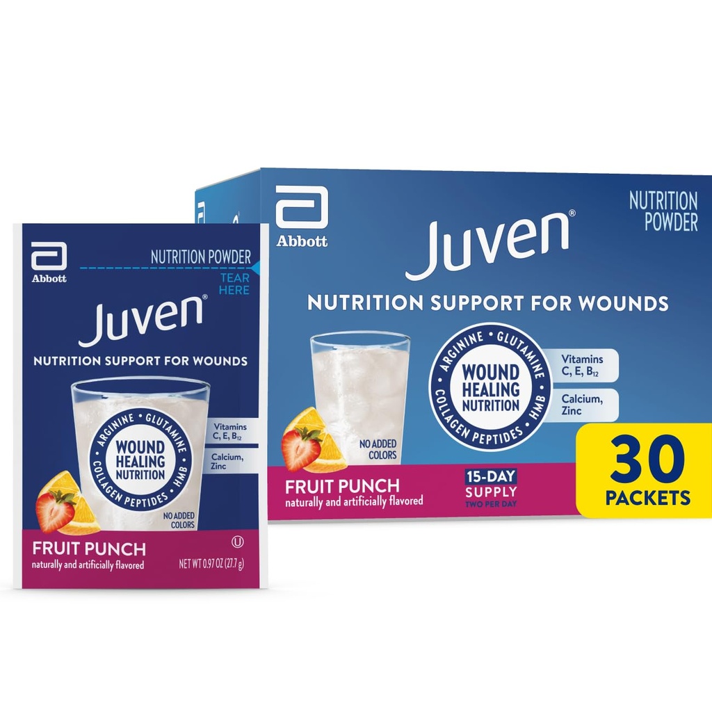 Juven Therapeutic Nutrition Drink Poudre incluant les peptides de collagène, les acides aminés et le HMB pour le soutien à la guérison des plaies, punch aux fruits, 30 paquets