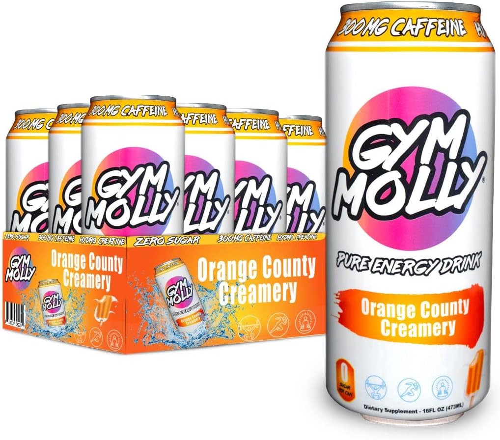 Gym Molly Orange County Creamery Energy Drink Cans | Zero Sugar | Hydro Creatine | Vegan BCAAs | B Vitamins | 16 fl oz (Pack of 12)