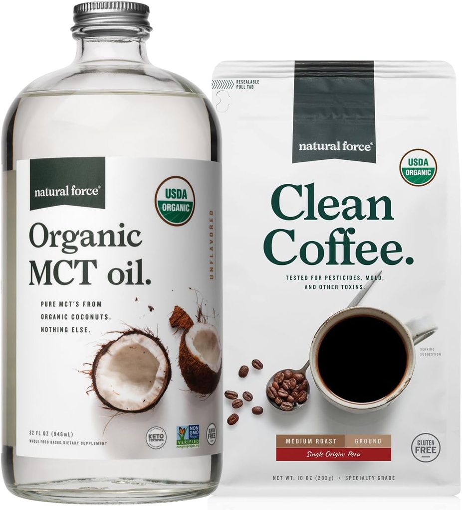 Natural Force Organic Ground Clean Coffee + Organic MCT Oil Bundle – 100% reine Kokosnuss MCT & Mold & Mycotoxin Free Coffee – Non-GMO, Keto, Paleo und Vegan - 10 Oz Bag und 32 Oz Glasflasche