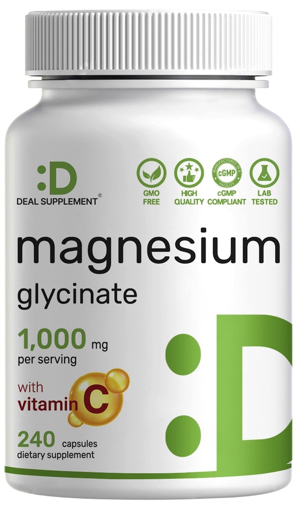 Magnesio Glycinate 500mg Per Capsule (1000mg Per Serving) Plus Vitamina C, 240 capsule – 100% Chelated for Easy Absorption – Integratore minerale essenziale