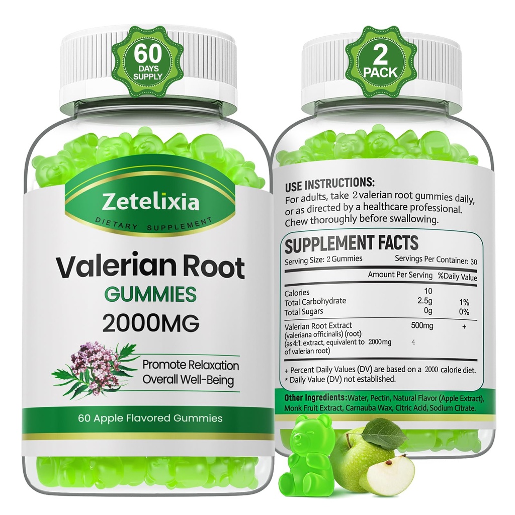 2 Pack Organic Valerian Root Gummies, Integratore di erbe per il Relax & Mood Support, Gommie Dormire Senza Melatonina per Adulti, Vegan, Non OGM, Sapore di Mele, 120 Conte