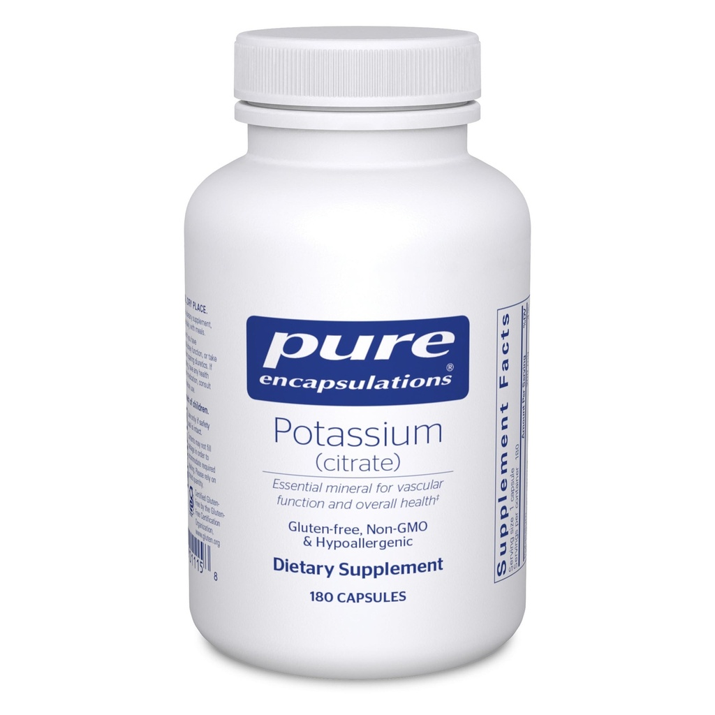 Encapsulations pures Potassium (Citrate) - Supplément électrolyte essentiel pour soutenir la fonction nerveuse et musculaire, adrénales, hormones, santé cardiaque et énergie* - Capsule de citrate de potassium - 180 Capsules