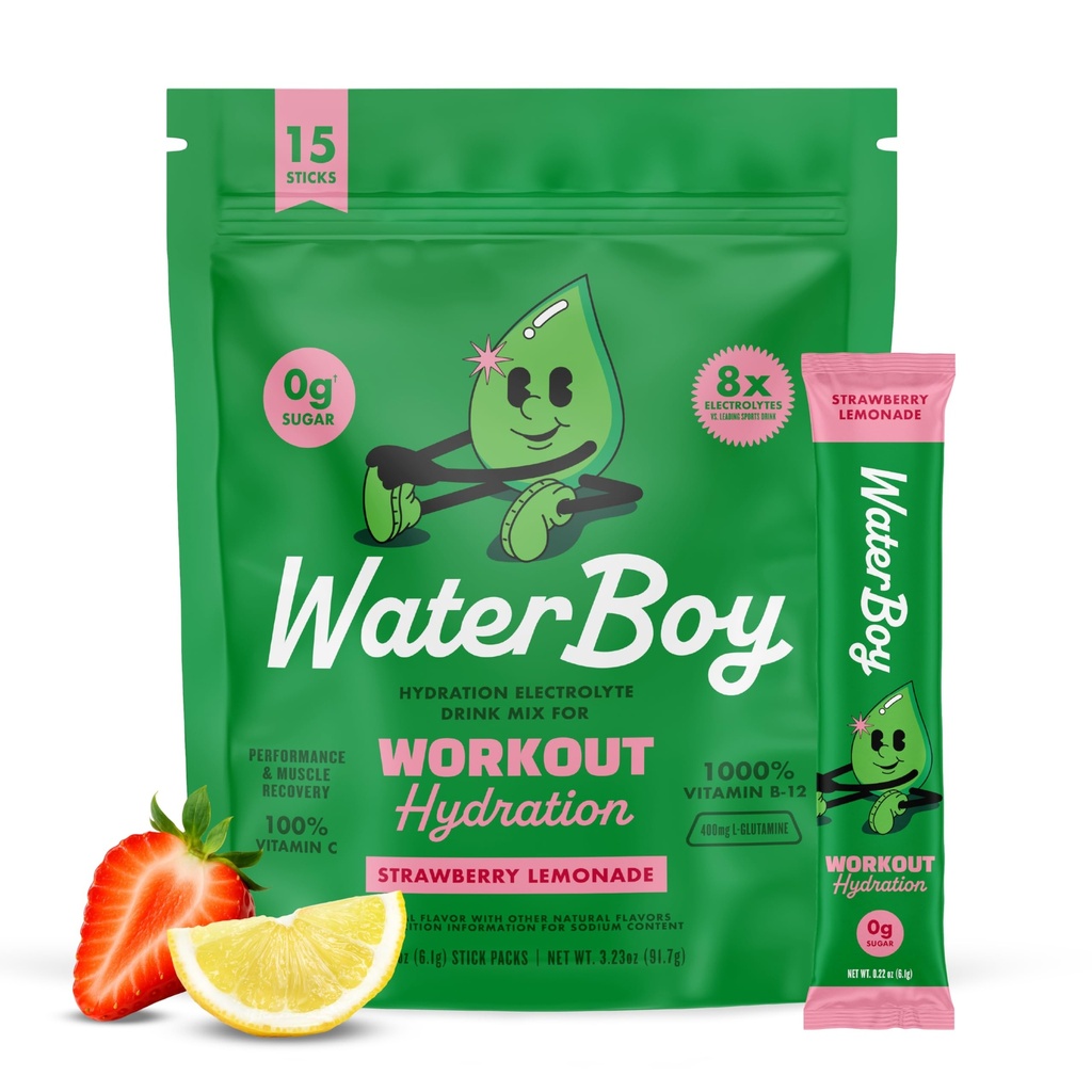 Waterboy Workout Hydration | 2,960mg Zucker Kostenlose Elektrolyt-Pulver-Packets | L-Glutamin + Vitamine | Kein Zucker, alle natürlichen, Glutenfreien | 15 Getränke-Stick-Mixe (Strawberry-Lemonade)