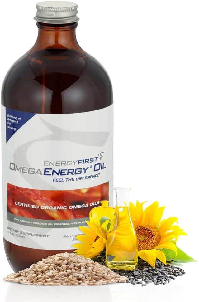 EnergyFirst Omega Energy Oil - Omega 3 & 6 Integratore con Flaxseed, Girasole, Sesamo & Pumpkin Seed Oil, Vegan Antiossidante & 12oz