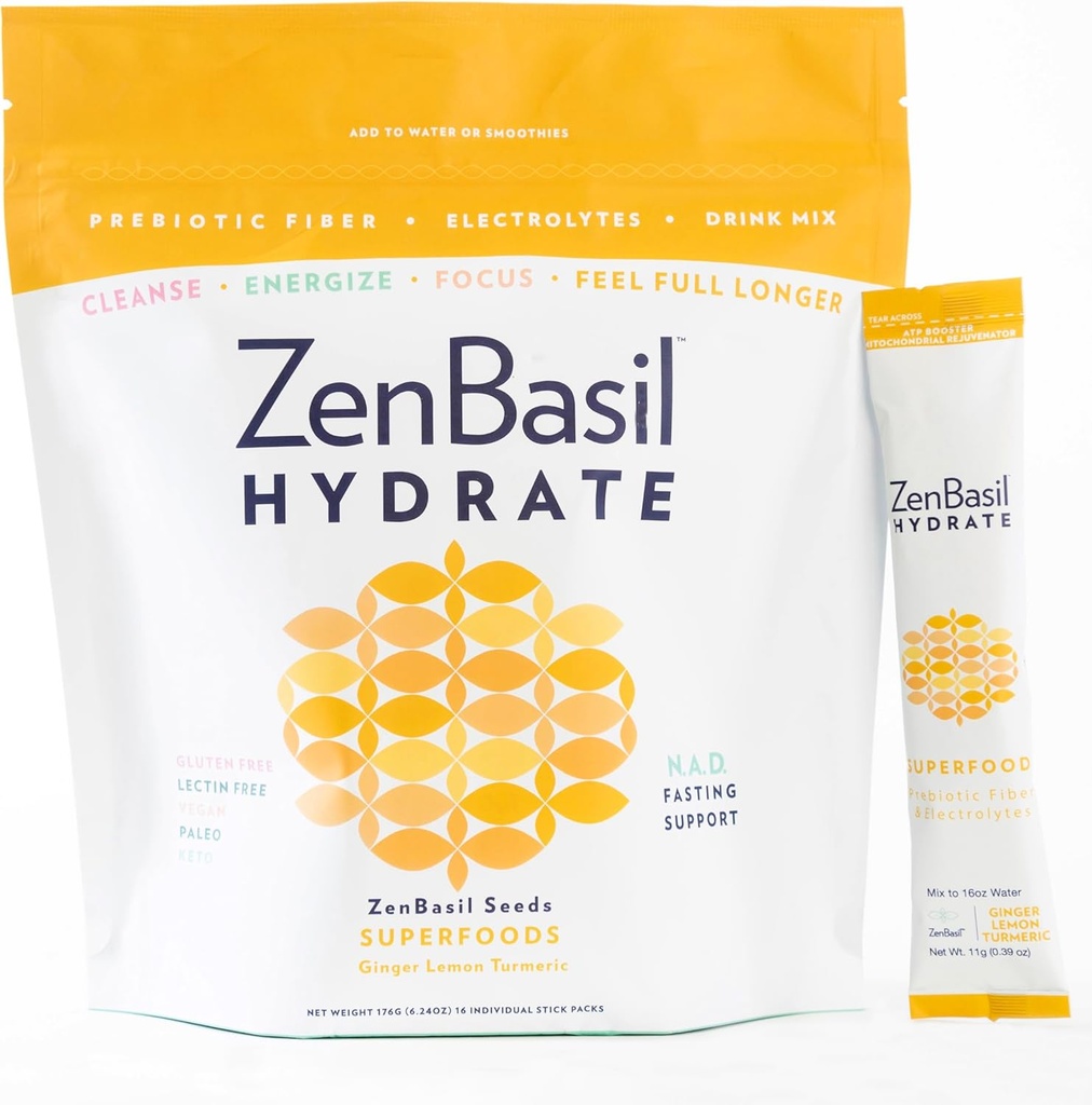 Zen Basil Hydrate - Ginger Lemon Turmeric | Elektrolytische Hydration Pulververpackungen | Fasting Support | Sugar Free, Keto, Paleo | 16 Sticks | Cellular Hydration