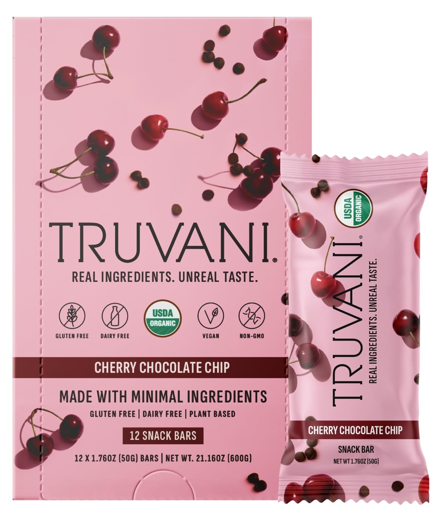 Truvani Plant Based Snack Bars | Kirsch Schokolade Chip 12 Pack | 5g Protein | USDA Organic and Vegan | Die einzige Bar | Dairy, Soy, und Gluten Free | Individuell Wrapped