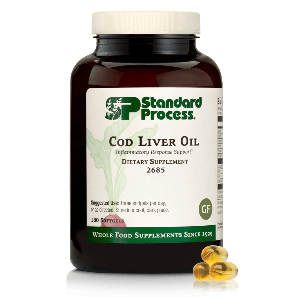 Standard Process Cod Liver Oil - Aids Gesunde Haut & Augen mit Omega-3 Fettsäuren & Vitamine A und D - Knochen & Zahn Gesundheit Unterstützung - Glutenfrei, Non-Dairy & Non-Soy - 180 Softgels (60 Servietten)