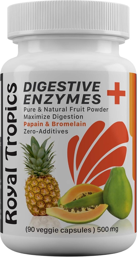 Royal Tropics Integratori di enzima digestivo - Formula vegetariana con verde Papaya Aggiunto Riduttore di acido di bromelaina per la salute del fegato Perfetto Veggie 90 capsule 500 mg
