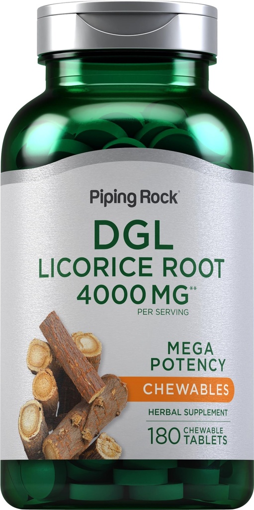 Piping Rock DGL Licorice Chewable Tablets 4000mg | 180 Count | Mega Potency Deglycyrrhizinated | Estratto di erbe Supplemento | Vegetariano, Non OGM