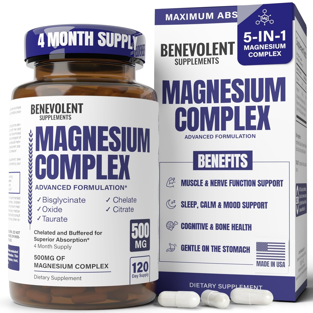 Magnesium Complex Supplement, 4 Monate Versorgung von 500mg 5-in-1 Bisglycinat, Oxid, Taurat, Aspartat, Citrat, Max Absorption Magnesium Beilage für Kalm, Schlaf & Bein Cramps, 120 Kapseln