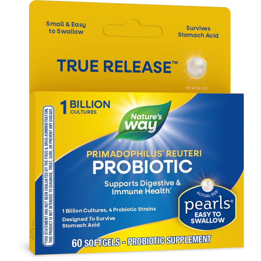 Nature's Way Primadophilus Reuteri Probiotic Pearls for Men and Women, Digestive and Immune Health*, 1 Billion Culture, 4 Probiotic Strains, Überlebt Stomach Acid, 60 Softgels