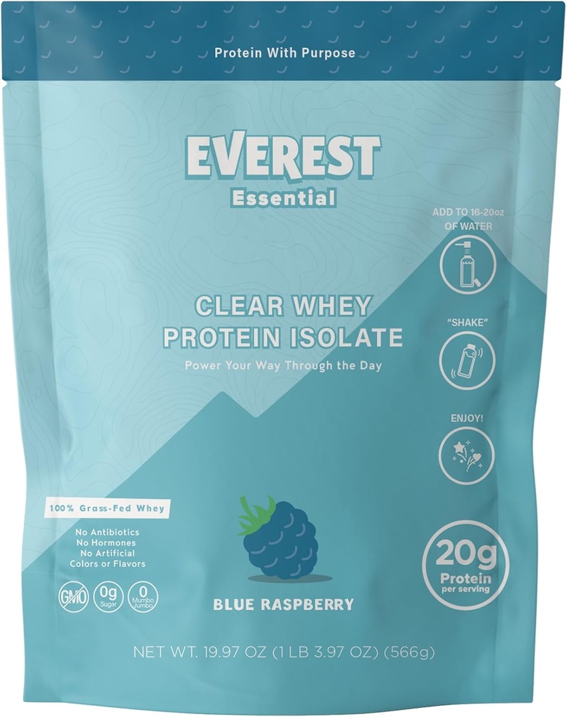 Everest Essential, 100% Poudre à Protéines à Graines (20 portions), Framboise Bleue, Zéro Sucre, Sans Lactose, Infusion d'électrolytes, Isolée aux Protéines à Graines, Saveur Naturelle, 20g Protéines par Servant