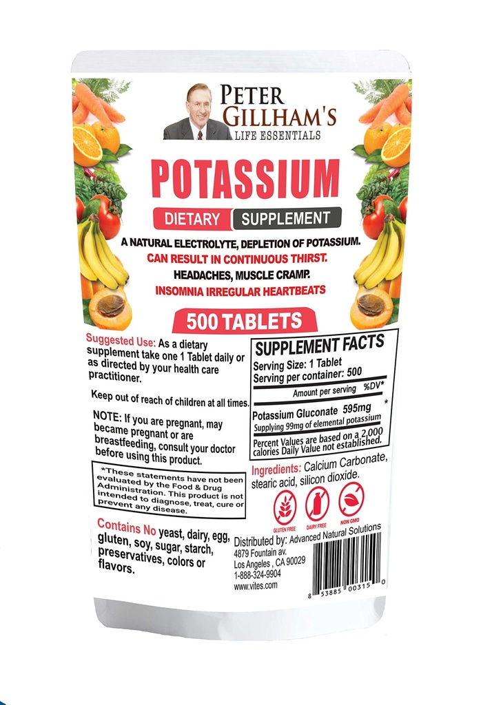 Peter Gillham’s Life Essentials Kalium Gluconate Tabletten 595mg, 500 Tabletten, Unterstützung Elektrolyt Balance, Made in USA (Package May Vary)