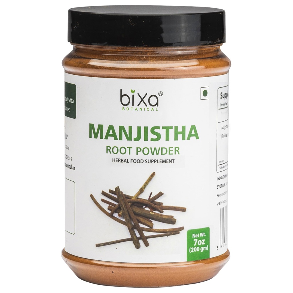 Bixa BOTANICAL Manjistha Powder | Rubia cordifolia | 200 Grammi / 7 OZ | Supplemento di erbe per pelle & Face Pack | Gluten Free, Non-GMO, Steam Treated, Vegan, 100% Pure.