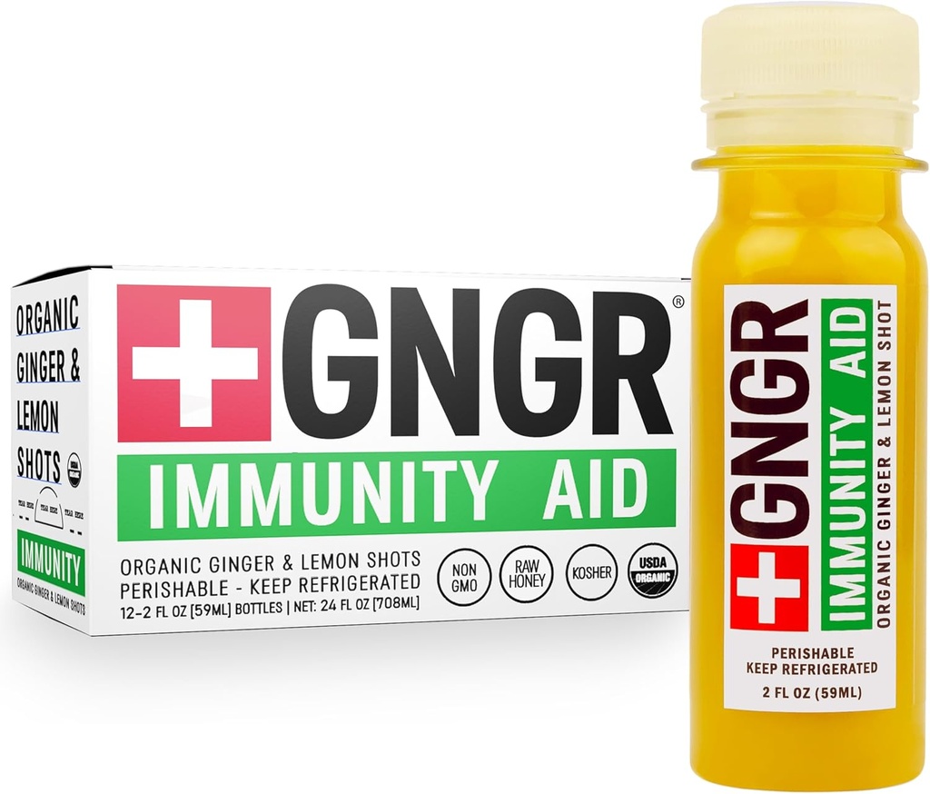 + GNGR Immunity Aid Bio Ginger, Lemon & Honey Shot - Gingembre pressé à froid avec Echinacea, Jus de citron, Miel, Zinc & Vitamine D3, Immune & Digestive Support 2 fl oz (Pack de 12)