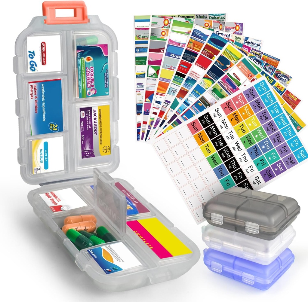 3 Stück DIY Travel Pill Organizer mit Labels Pocket Pharmacy, 3 Pille Box & 420 Medizin Etiketten, Portable Travel Essentials Mini Pill Container 7 Tage Pille Case Storage Vitamin Fish Oil (Set A)