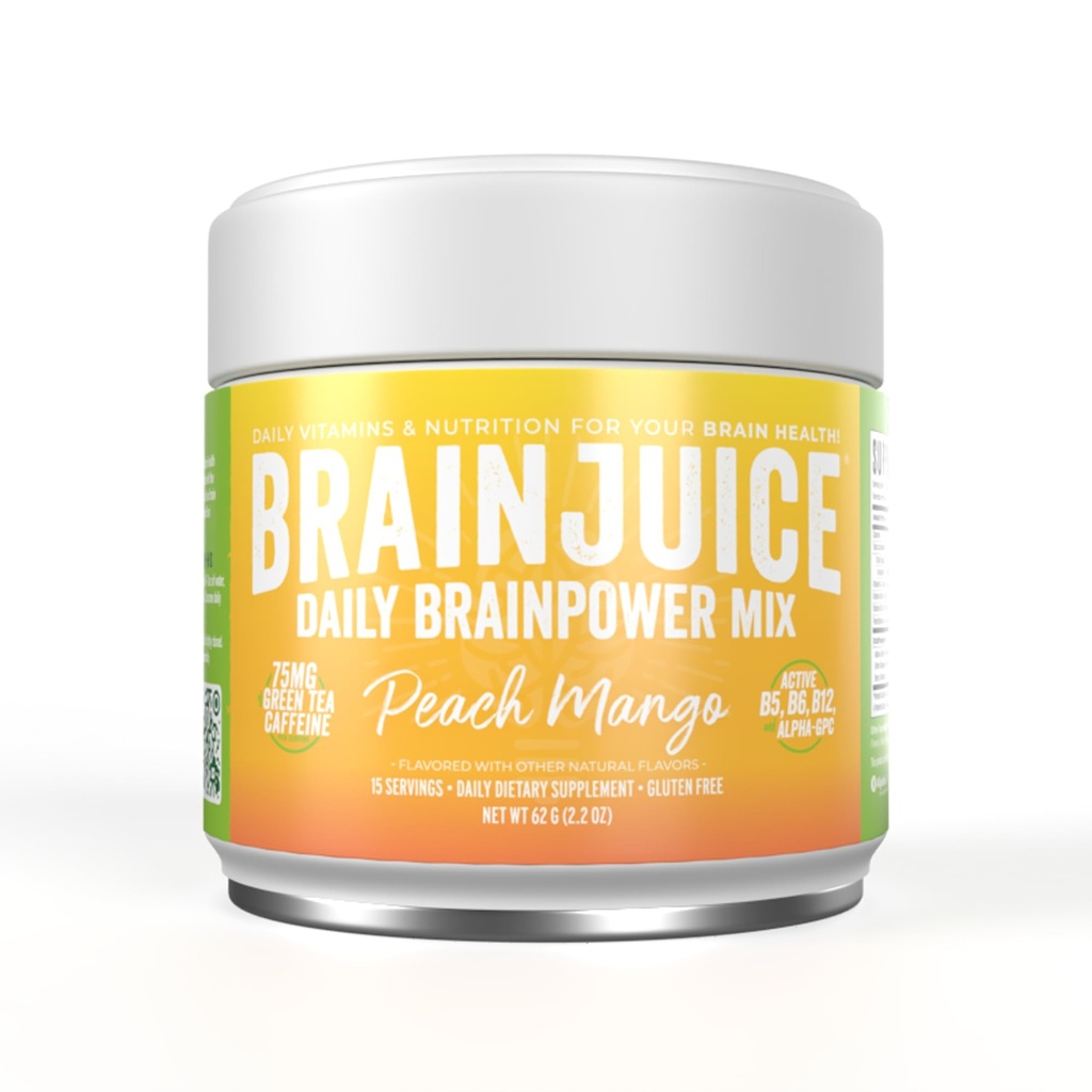BrainJuice Nootropics Brain Support Supplemento, Polvere senza glutine per energia e messa a fuoco, Bere Mix con L Theanine, Alpha GPC, Vitamina B, Estratto di tè verde biologico Caffeina, Peach Mango, 15 Serve