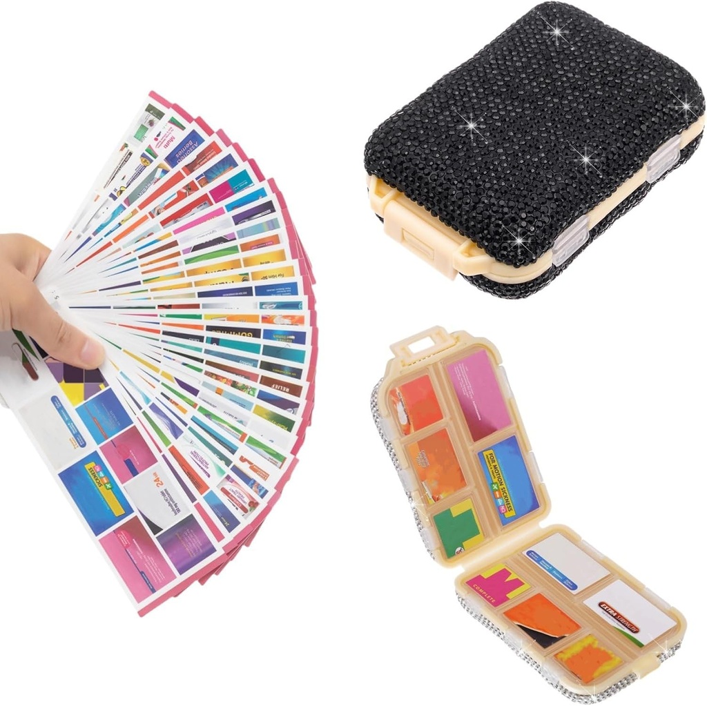 Pill Travel Case mit Etiketten Bling Portable Pille Container Mini Pille Box für Geldbörse Small Medicine Organizer Halter für Ergänzung Vitamin Medication Frauen (schwarz & 300 Labels)