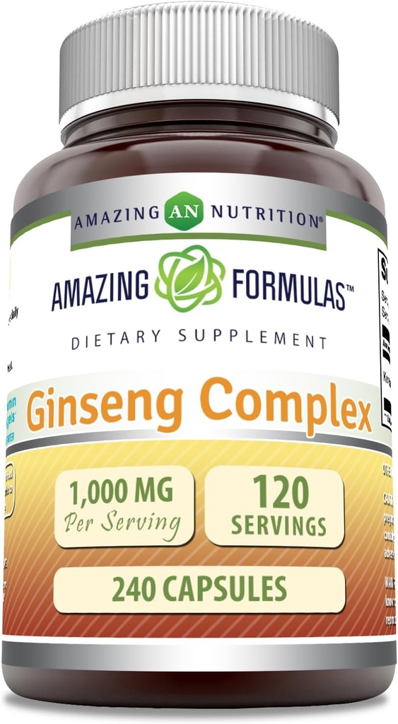 Formules étonnantes Complexe Ginseng - 1000 Mg par portion, Capsules (non-OGM, sans gluten) Supporte système immunitaire sain - Supporte la production d'énergie - stimule l'alerte mentale. (240 comte)