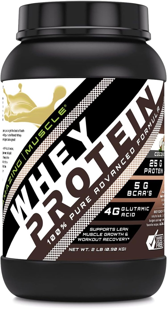 Incredibile muscolo Whey Protein Isolate & Concentrate Supplemento | Coconut Flavor | 25 G | 2 Lb (0.90 Kg) | Non OGM | Gluten-Free | Made in USA