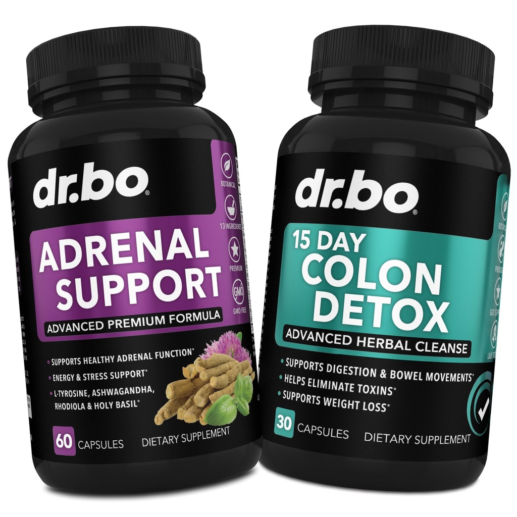 DR. BO Suppléments de soutien adrénal et de nettoyage des colonies - Supplément de fatigue adrénal avec Ashwagandha & L Tyrosine - Pilules de nettoyage intestinal de 15 jours pour le soutien du mouvement Bowel et le nettoyage de l'estomac Gut