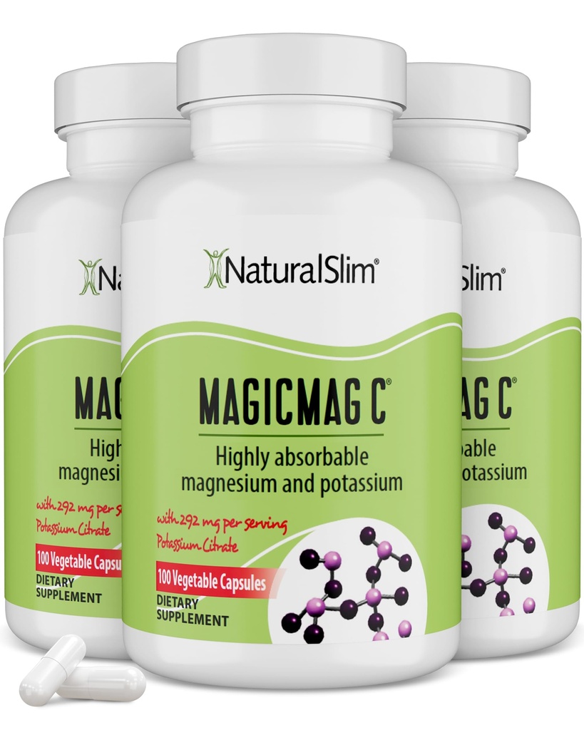 MagicMag C de NaturalSlim, Citrate de magnésium avec potassium pour la relaxation musculaire, la qualité du sommeil, la fonction nerveuse et le soutien électrolytique, supplément de magnésium quotidien pour les hommes et les femmes, 100 capsules 3pk