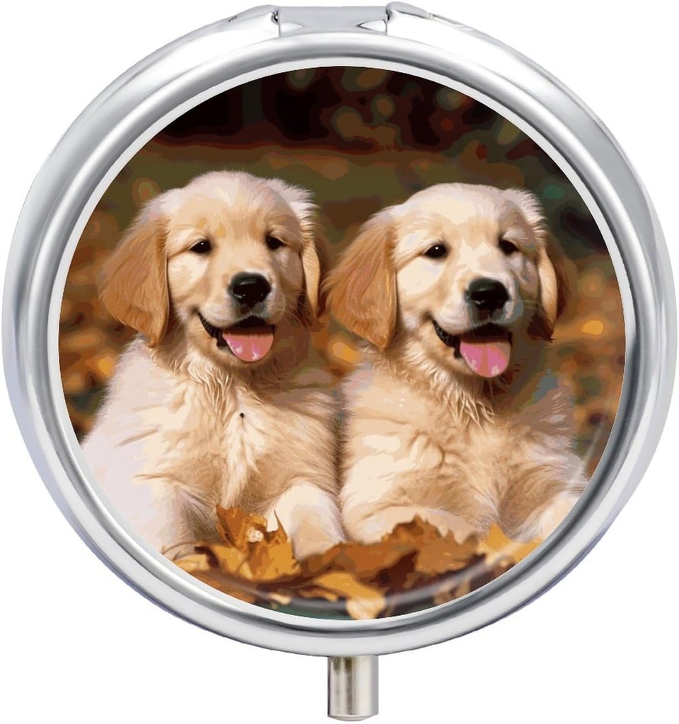 Medizin Box 3 Kompartment Pille Box Süße kleine Pille Box Golden Retriever Hunde Welpen Haustiere Gedruckt Runde Pille Box Multi Function Pill Box für Vitamine Fisch Öl Ergänzungen Perlen
