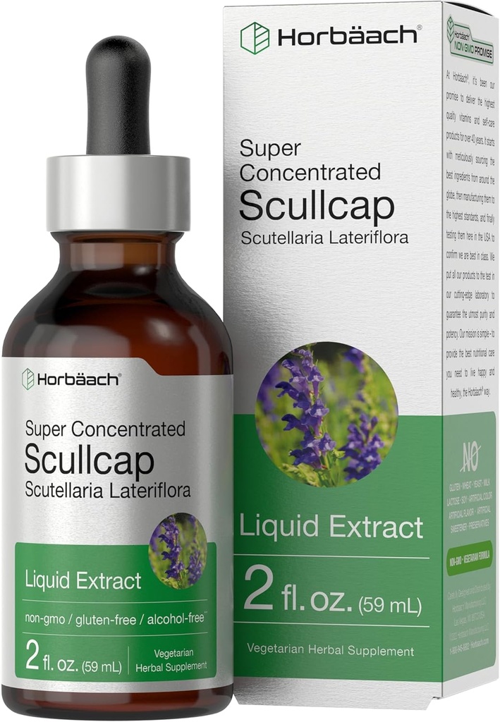 Horbaach Scullcap Herb Tincture | 2 fl oz | Liquid Extract Drops | Scutellaria Lateriflora | Alcohol Free, Vegetariano | Super Concentrato Supplemento | Non-GMO & Gluten Free
