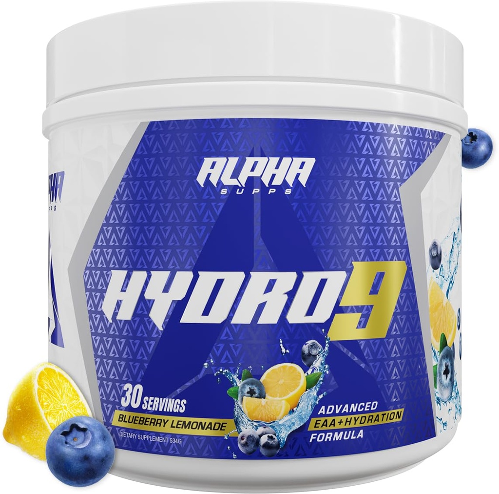 Alpha Supps Hydro 9 Aminos | EAA + Hydration Formula | Essential Amino Acids EAAs Powder with BCAAs & Electrolytes 30 Servings - Blueberry Lemonade