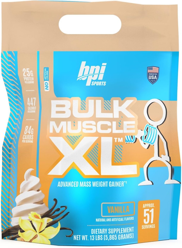 BPI Sports Bulk Muscle XL - Advanced Maß Weight Gainer for Serious Muscle Building & Recovery, 25g Protein & 497 Kalorien pro Servierung - Schokolade, 13lb Tasche (13lb, Vanilla)